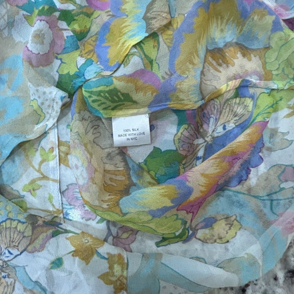 100% Silk Sheer Floral Ruffle Short Sleeve Top Blouse Pastel Multicolor Button S - Picture 6 of 9